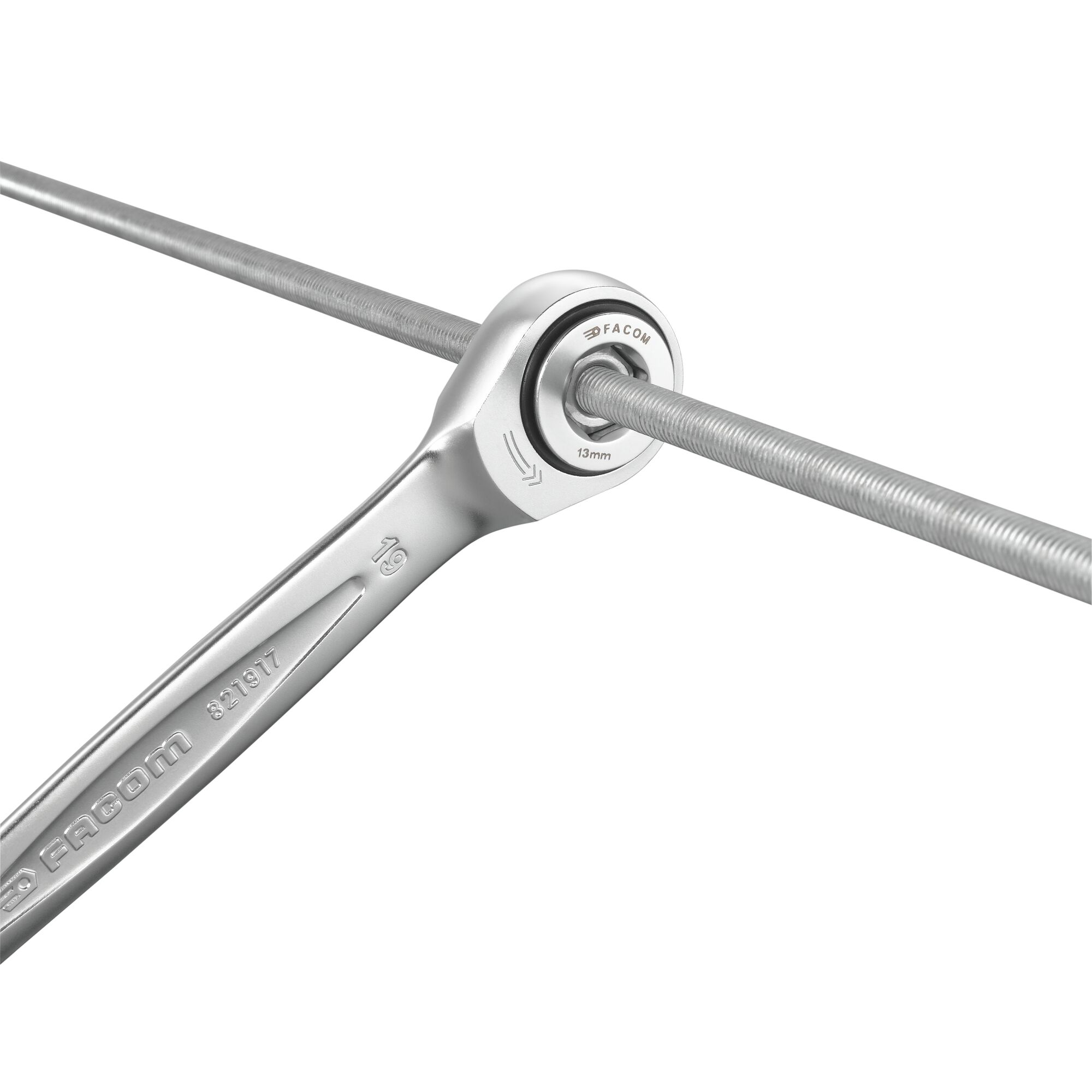 Facom 464J1 ratcheting wrench, 13mm, side angle, silver finish, shown on threaded rod, white background.